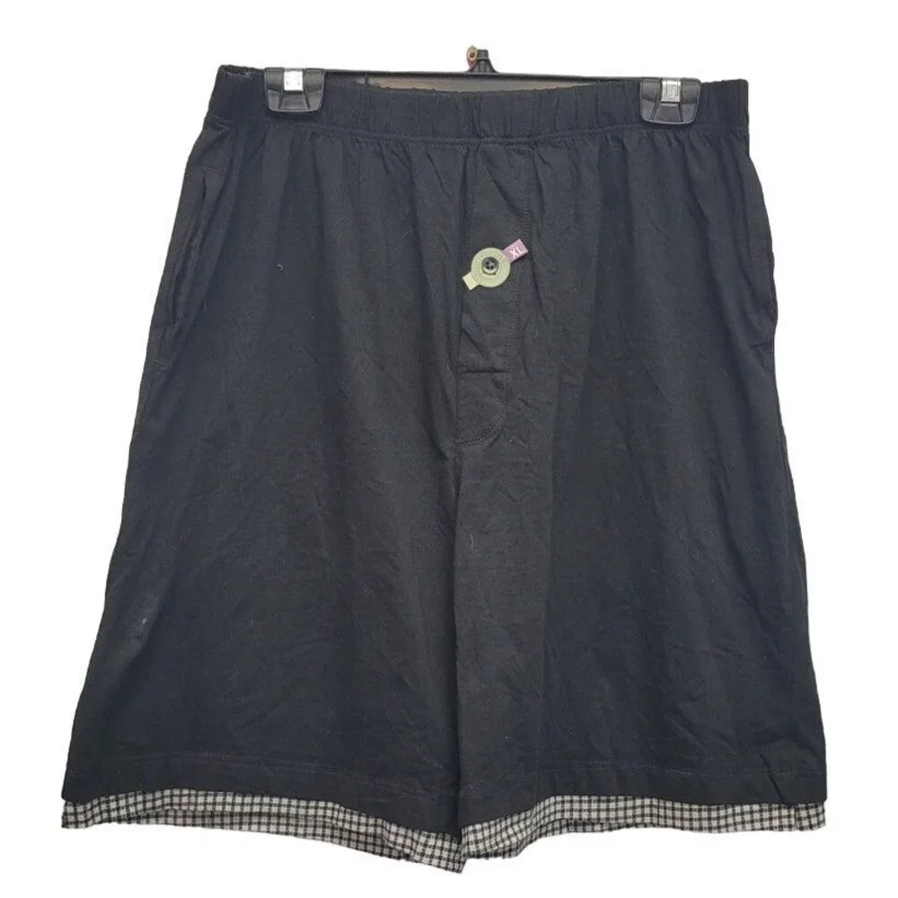 New GreatLand Mens XL Black 100% Cotton Gingham Trim Sleep Shorts w Pockets